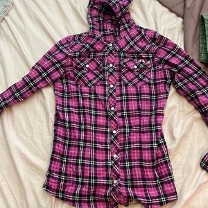 Long sleeve button down hooded flannel